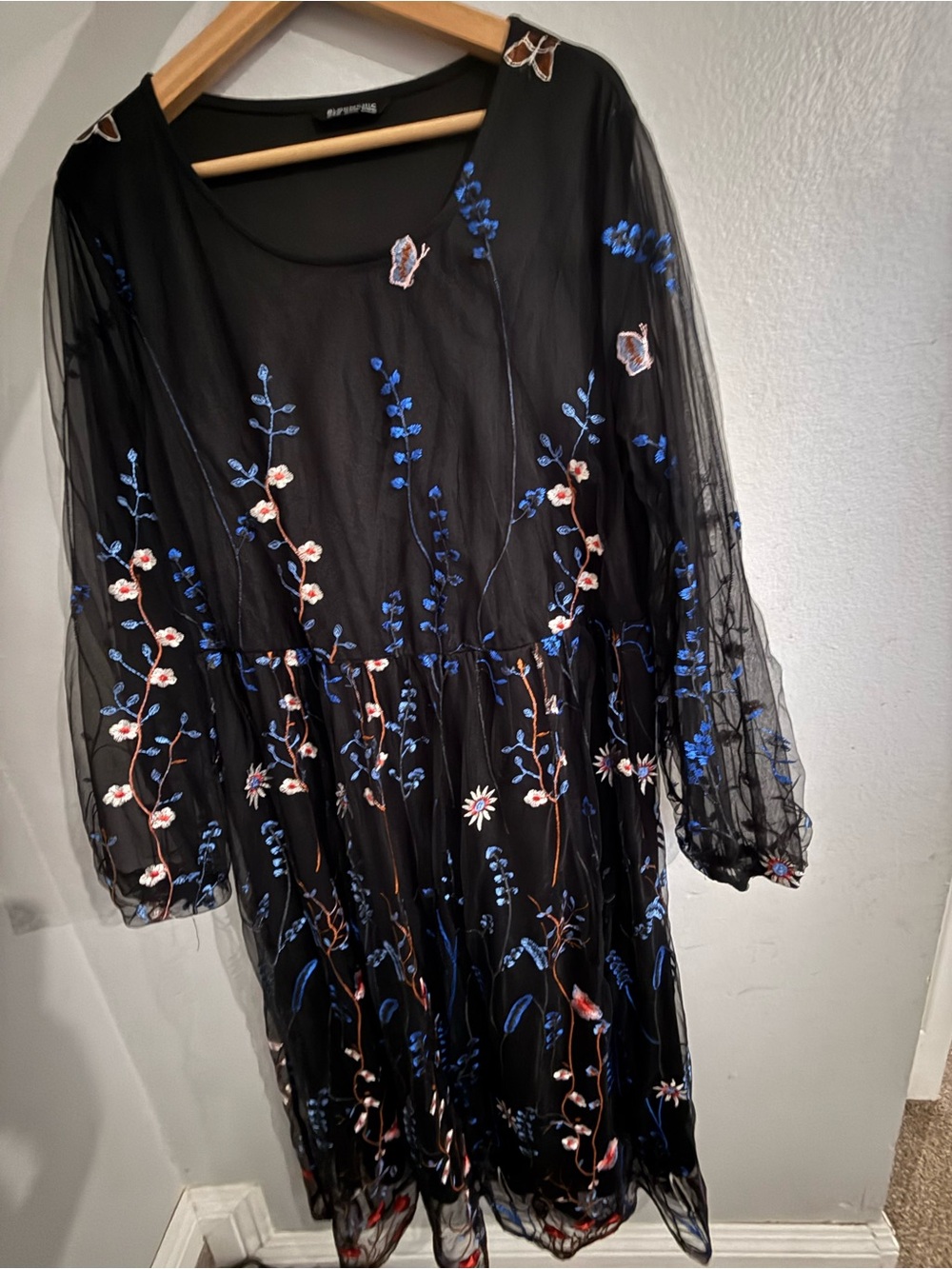 BloomChic Black Long-Sleeve Floral Embroidered Dress
